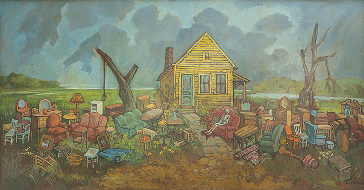 An oil painting by J. Andre Smith depicting a small yellow house beneath a desolate gray-blue sky. It is seen through piles of discarded home items strewn across a dirt yard with a bare, dead tree. An empty-faced human figure slouches in near the center on a red couch.