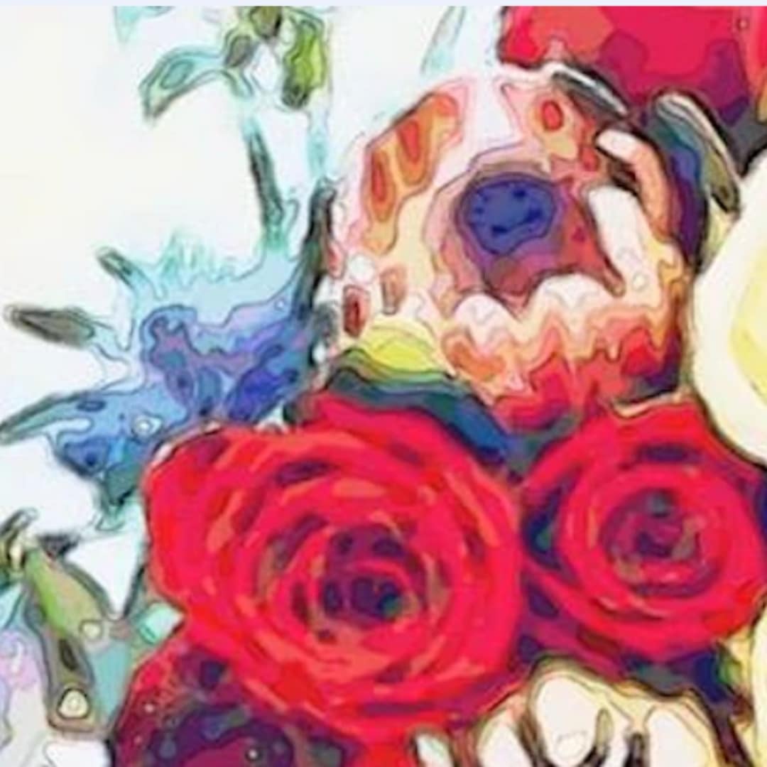 an impressionistic painting of a bouquet of flowers featuring red roses