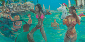 Brush heavy painting using blue and teal colors, all that resemble a tropical outdoor pool with several people.
