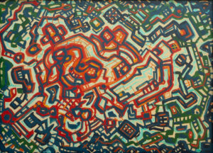 André Smith's painting A Return to Espero which seems to be a bird's eye view of a map with various calculated duochromatic lines.