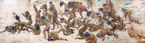 Photo of the oil panting Aren't We All Running by Isobel Francisco containing multiple nude figures wandering with a melancholy tone.