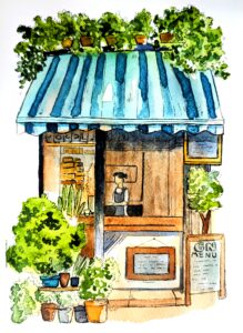 A watercolor painting of a storefront.
