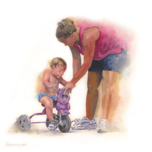 Tony Armendariz's watercolor portrait of a child on a bike with their parent.