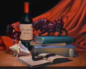 A still life oil painting of various objects like a glass of wine, a pipe, a buffalo statue, books, and a shell.