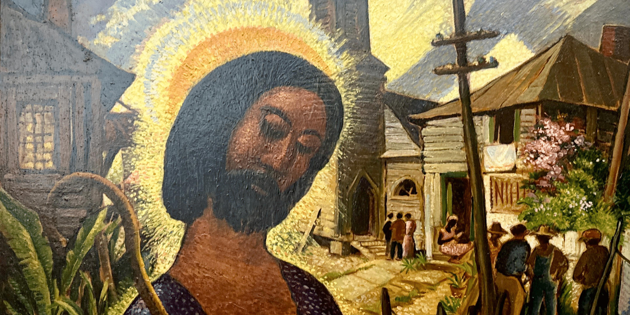Painting by J. Andre Smith, Portrayal of Jesus in a small older town.