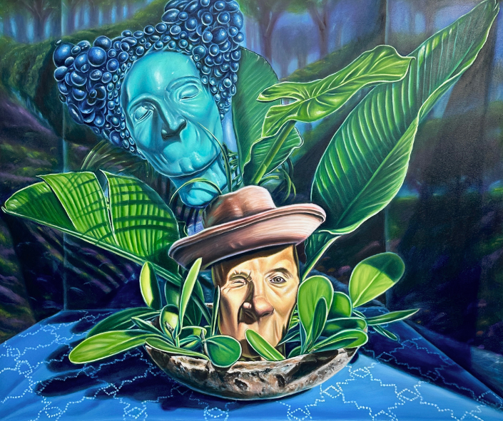 Painting by Sinuhé Vega using mostly blue and green tones with two humanoid heads.