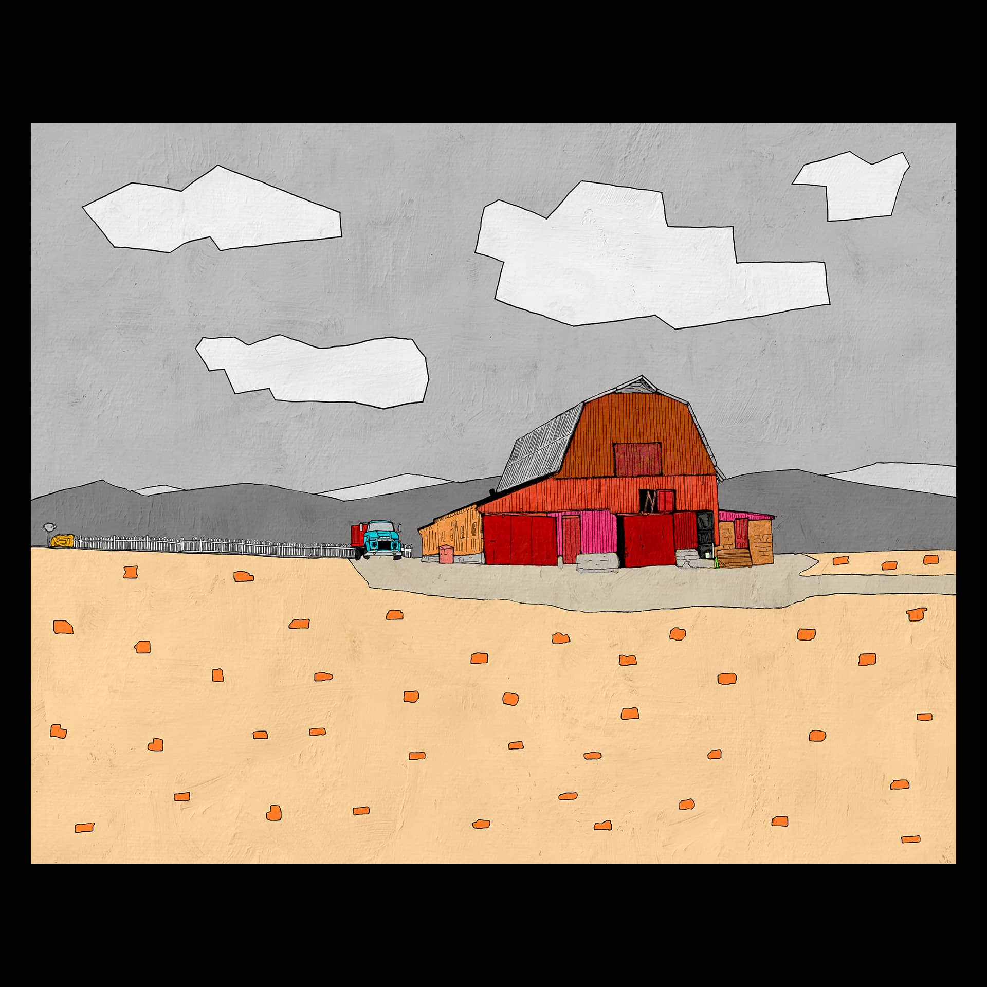 Digital art of a barn and a truck along a landscape