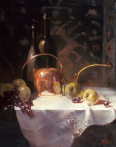 A still life by Patti Shistle with fruit, a water can, and bottles of wine.