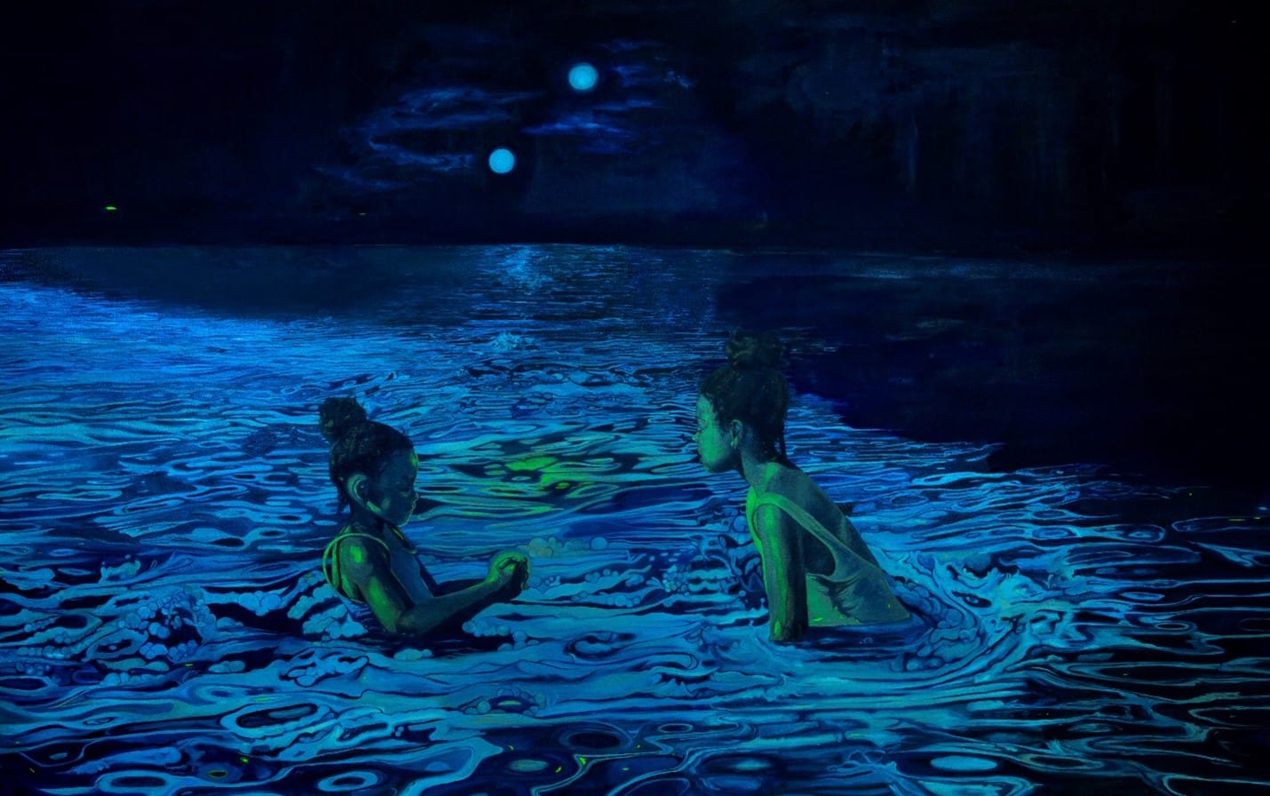 Painting of two girls in water using hues of blue and green with the moon in the background.