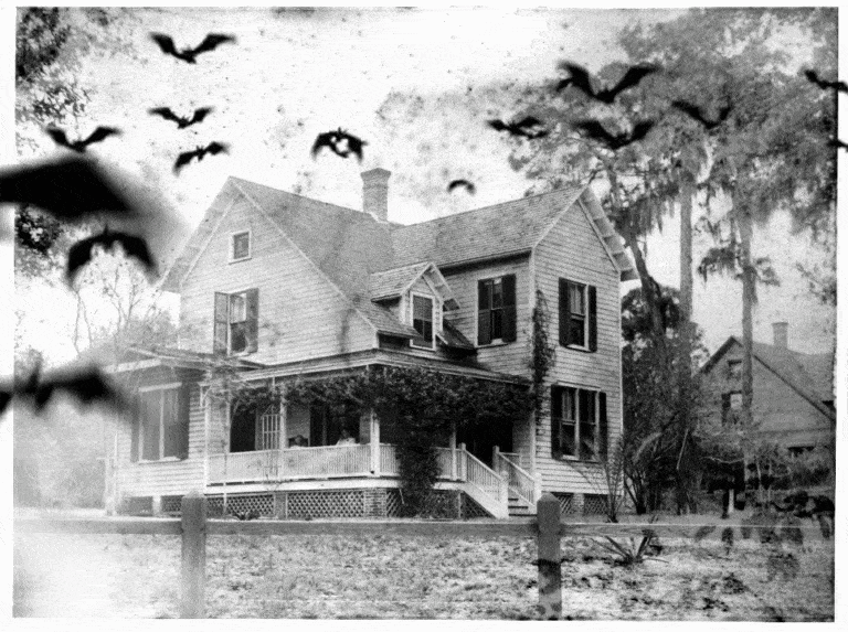 A black and white spooky photo of the victorian two story Waterhouse manor, beset by animated bats!